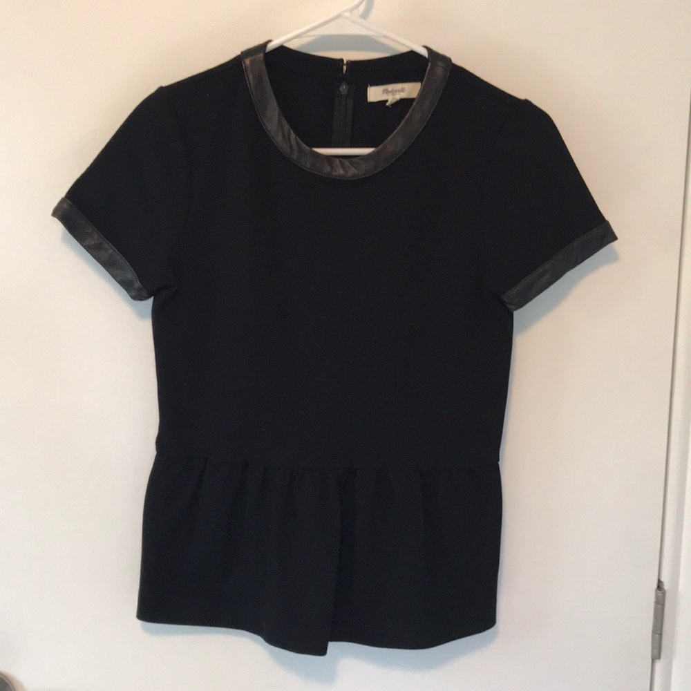 ✨ Last Chance Madewell Black Peplum Top with Leather Trim